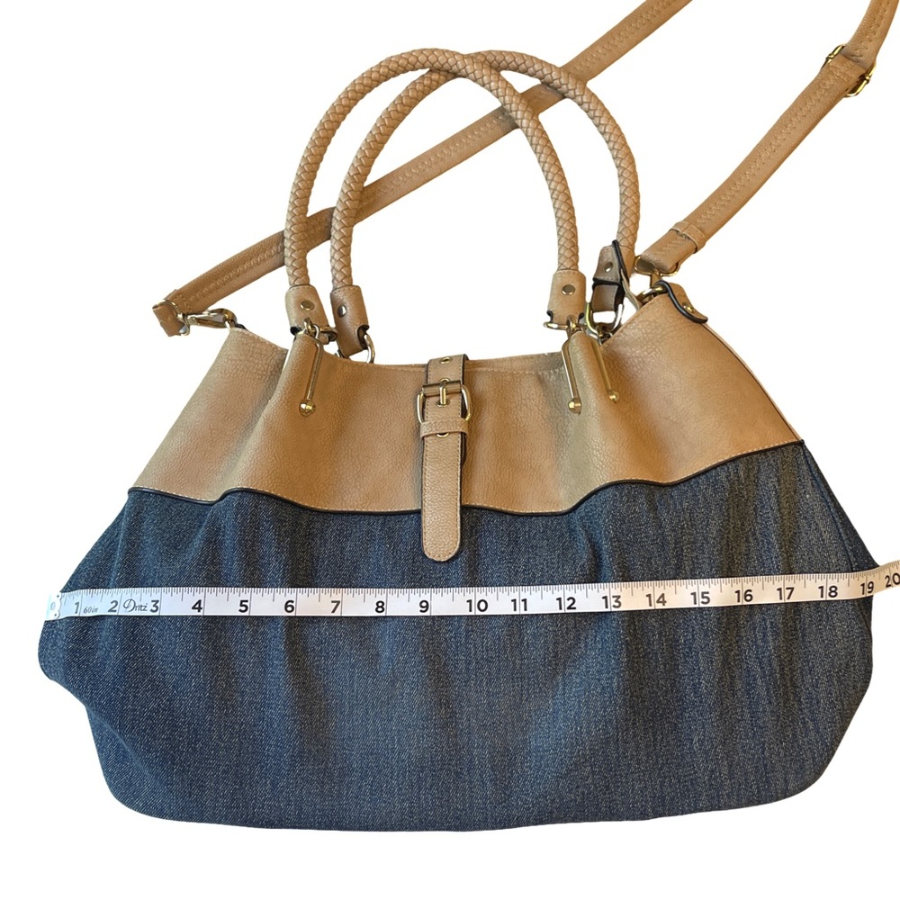 Black Rivet Denim & Tan Boho Shoulder Bag | Braided Handle Mixed Media Tote - Picture 4 of 8